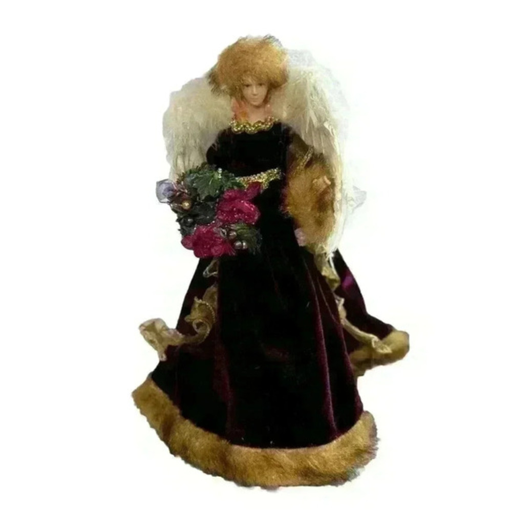 Vintage Christmas Angel Tree Topper 16"‎ Faux Fur Trimmed Feather Wings Burgandy